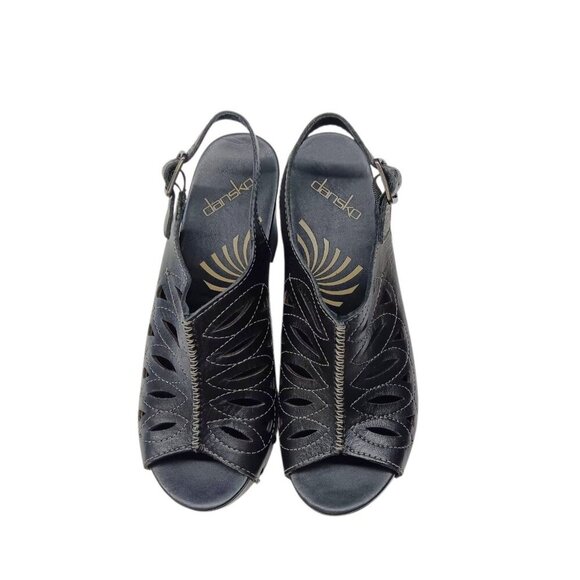 DANSKO Rowena Black Leather Cut-out Heeled Sandal Womens 6.5-7 (37) Open Toe - Picture 3 of 13
